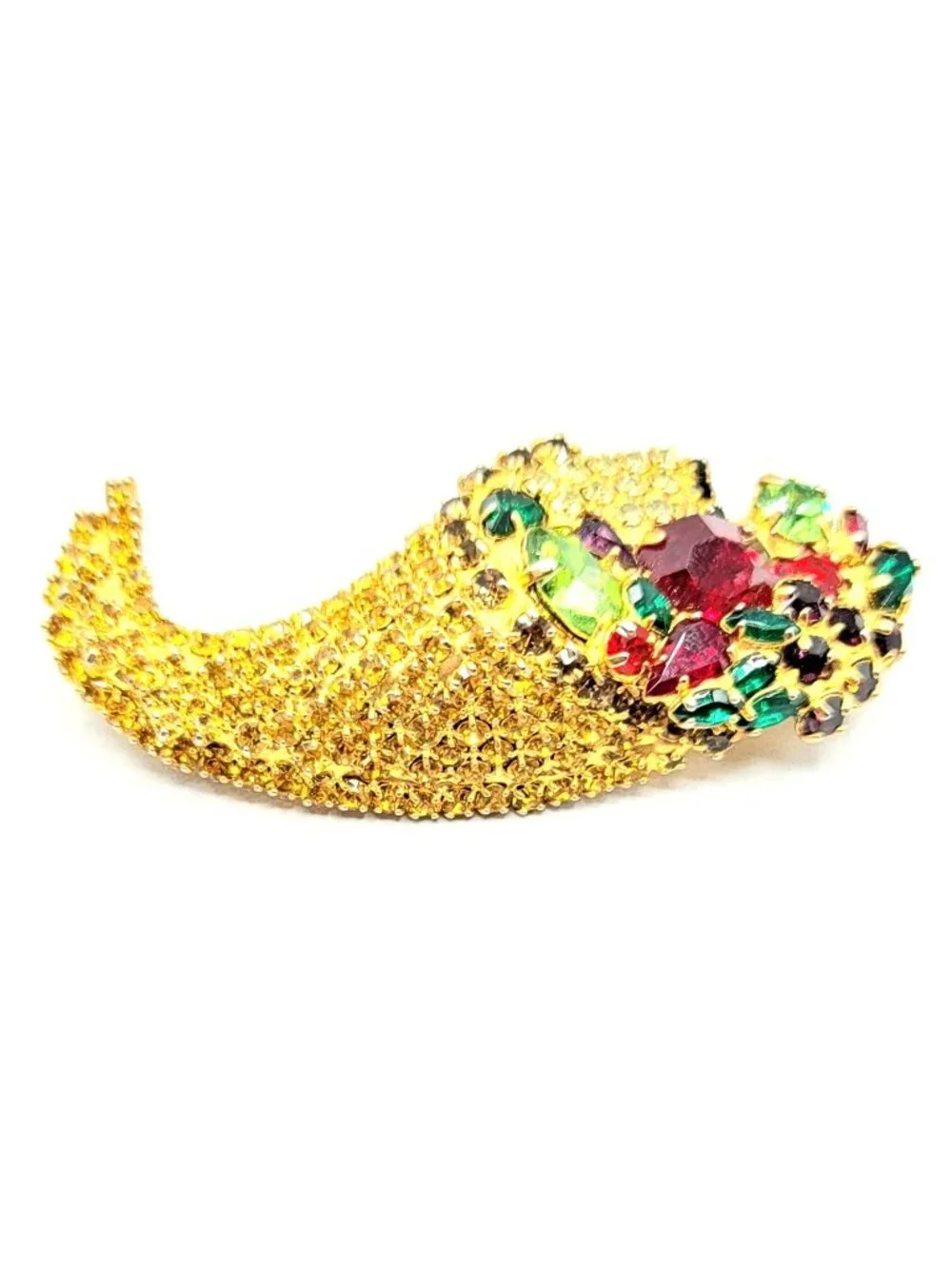 Gold Tone Topaz Red Green Prong Set Rhinestone Cornucopia Pin Brooch
